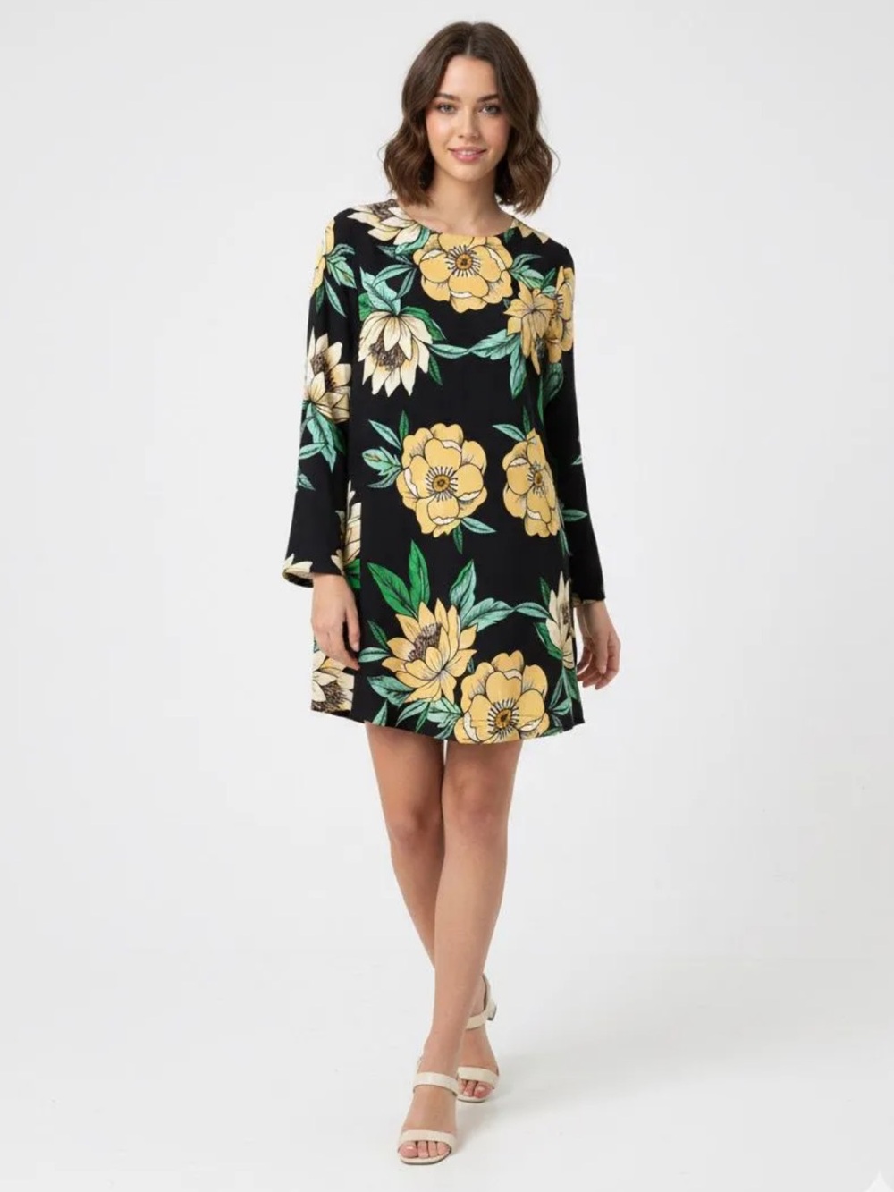 FARM Rio Long Bell Sleeve Mini Dress with Low Tie Back in Tropical Floral Print - Picture 1 of 14
